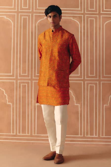 Drishti & Zahabia Orange Dupion, Cotton, Silk Cross Stitch Print Bundi And Kurta Set 