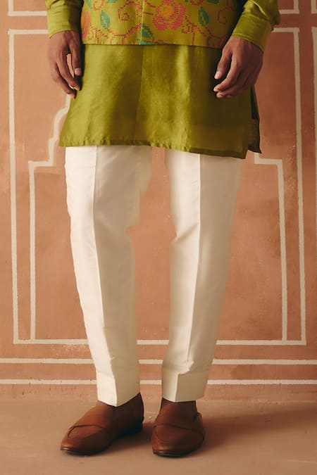 Drishti & Zahabia_Green Dupion, Chanderi Silk, Cotton, Floral Cross Stitch Print Bundi And Kurta Set _Online_at_Aza_Fashions