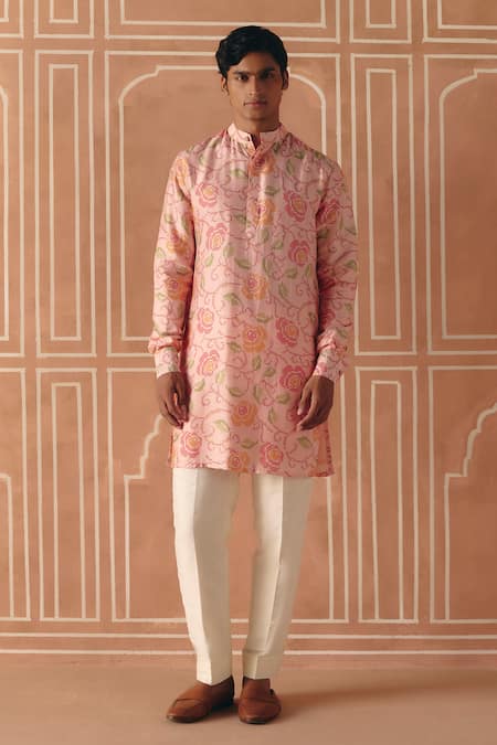 Drishti & Zahabia Pink Dupion, Silk, Cotton Floral Cross Stitch Print Kurta Set 