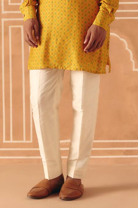 Drishti & Zahabia_Yellow Dupion, Silk, Cotton Cross Stitch Print Kurta Pant Set _Online_at_Aza_Fashions