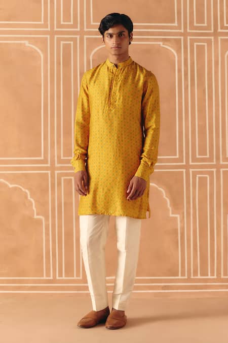 Drishti & Zahabia Yellow Dupion, Silk, Cotton Cross Stitch Print Kurta Pant Set 