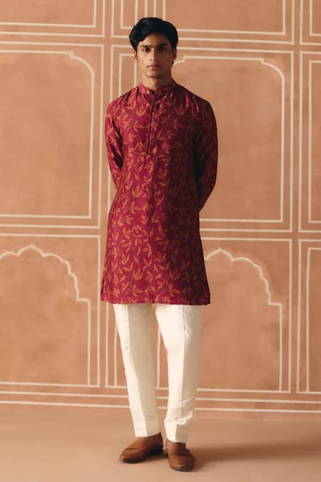Drishti & Zahabia Maroon Dupion, Silk, Cotton Cross Stitch Print Kurta Set 