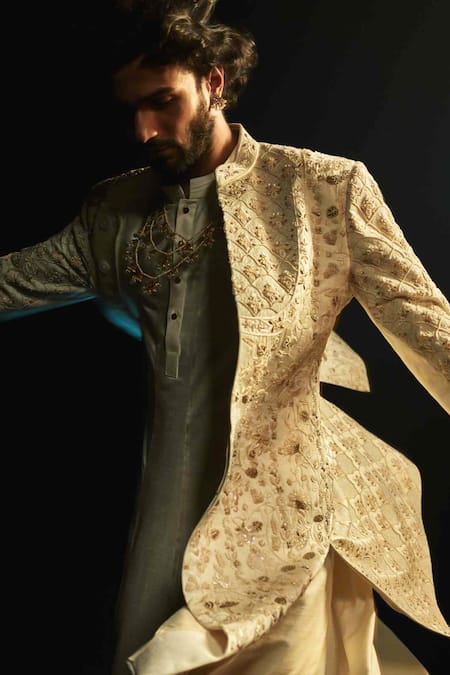 Jatin Malik_Ivory Linen, Silk Embroidery, Stones Embriodered Cutdana Sherwani Set _Online_at_Aza_Fashions