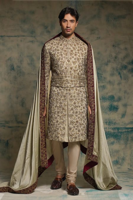 Jatin Malik Beige Linen, Silk Embroidery, Sequins, Zari Sand Grey Embriodered Sherwani Set 