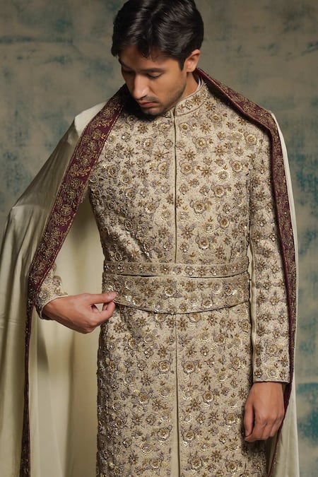 Jatin Malik Sand Grey Linen Silk Embriodered Sherwani Set 