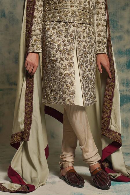 Buy Jatin Malik Beige Linen, Silk Embroidery, Sequins, Zari Sand Grey Embriodered Sherwani Set Online at Aza Fashions Buy_Jatin Malik_Beige Linen, Silk Embroidery, Sequins, Zari Sand Grey Embriodered Sherwani Set _Online_at_Aza_Fashions