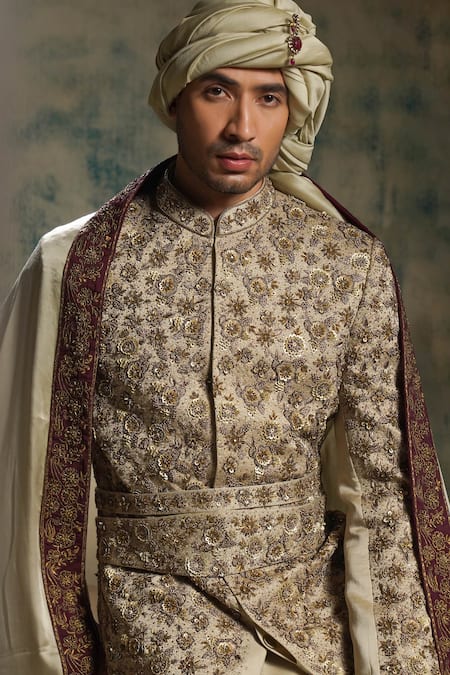 Shop Jatin Malik Beige Linen, Silk Embroidery, Sequins, Zari Sand Grey Embriodered Sherwani Set Online at Aza Fashions Shop_Jatin Malik_Beige Linen, Silk Embroidery, Sequins, Zari Sand Grey Embriodered Sherwani Set _Online_at_Aza_Fashions