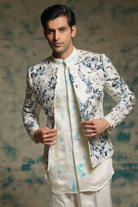 Jatin Malik_Ivory Linen, Silk Embroidery, Foil Printing Embriodered Short Jacket Set _Online_at_Aza_Fashions