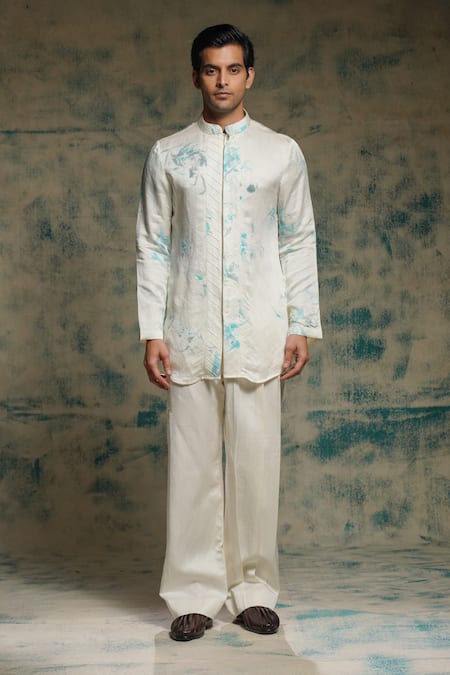 Jatin Malik Ivory Linen, Silk Embroidery, Foil Printing Embriodered Short Jacket Set 