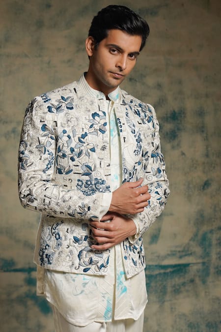 Buy_Jatin Malik_Ivory Linen, Silk Embroidery, Foil Printing Embriodered Short Jacket Set _Online_at_Aza_Fashions