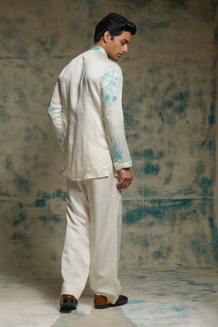 Shop_Jatin Malik_Ivory Linen, Silk Embroidery, Foil Printing Embriodered Short Jacket Set _Online_at_Aza_Fashions