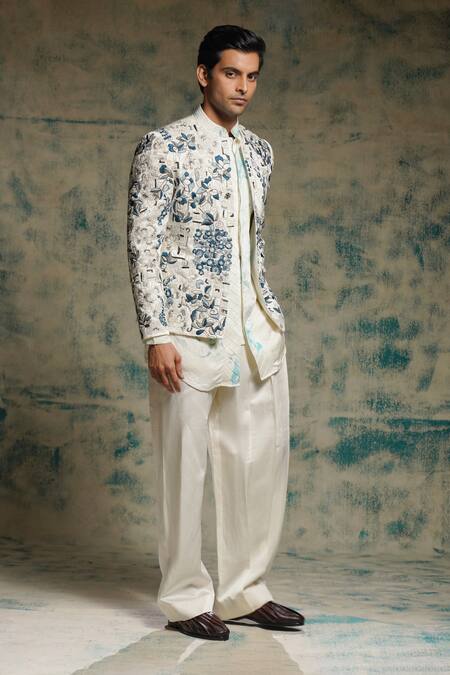 Jatin Malik_Ivory Linen, Silk Embroidery, Foil Printing Embriodered Short Jacket Set _at_Aza_Fashions