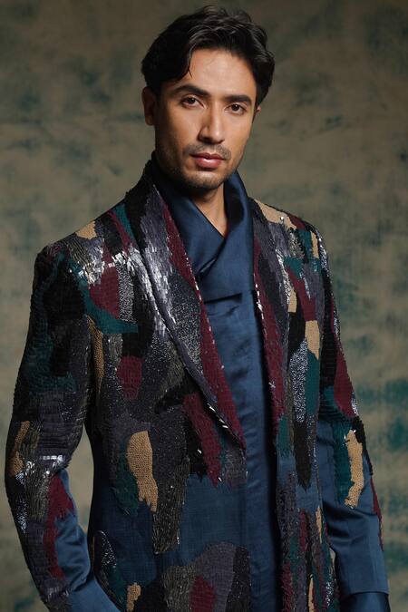 Jatin Malik_Blue Linen, Silk Sequins Embroidered Jacket And Trouser Set _Online_at_Aza_Fashions