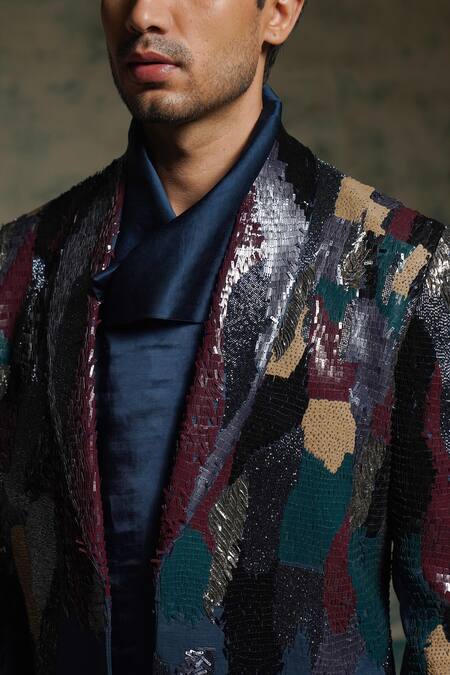 Buy_Jatin Malik_Blue Linen, Silk Sequins Embroidered Jacket And Trouser Set _Online_at_Aza_Fashions