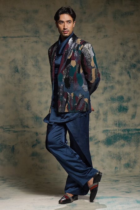 Jatin Malik Blue Linen, Silk Sequins Embroidered Jacket And Trouser Set 