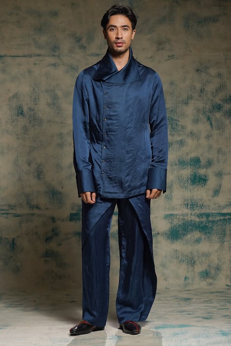 Jatin Malik_Blue Linen, Silk Sequins Embroidered Jacket And Trouser Set _at_Aza_Fashions