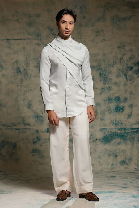 Jatin Malik_Ivory Cotton, Linen Embroidery, Sequins Apricot Handpainted Blazer Set _Online_at_Aza_Fashions