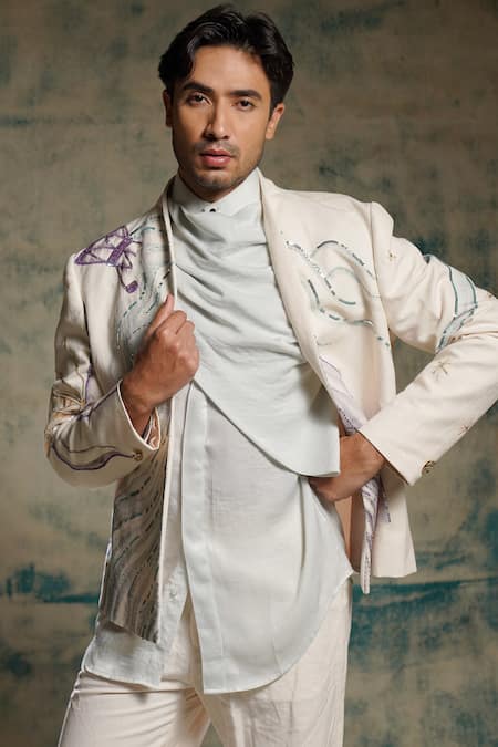 Buy_Jatin Malik_Ivory Cotton, Linen Embroidery, Sequins Apricot Handpainted Blazer Set _Online_at_Aza_Fashions