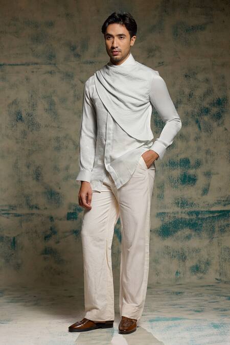 Shop_Jatin Malik_Ivory Cotton, Linen Embroidery, Sequins Apricot Handpainted Blazer Set _Online_at_Aza_Fashions