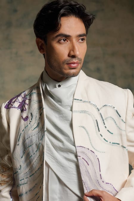 Jatin Malik_Ivory Cotton, Linen Embroidery, Sequins Apricot Handpainted Blazer Set _at_Aza_Fashions