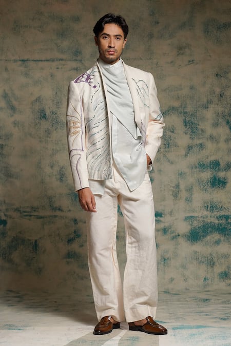 Buy_Jatin Malik_Ivory Cotton, Linen Embroidery, Sequins Apricot Handpainted Blazer Set 