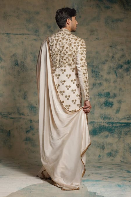 Jatin Malik_Ivory Linen, Silk Embroidery, Zari, Sequins, Apricot Embriodered Sherwani Set _Online_at_Aza_Fashions