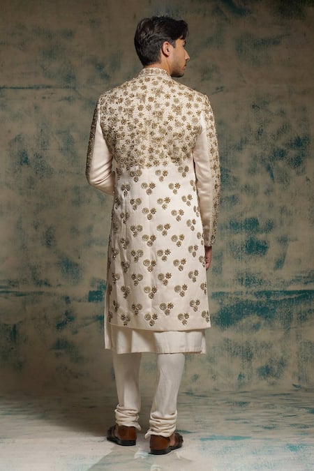 Jatin Malik Apricot Ivory Silk Embriodered Zari Sherwani Set 