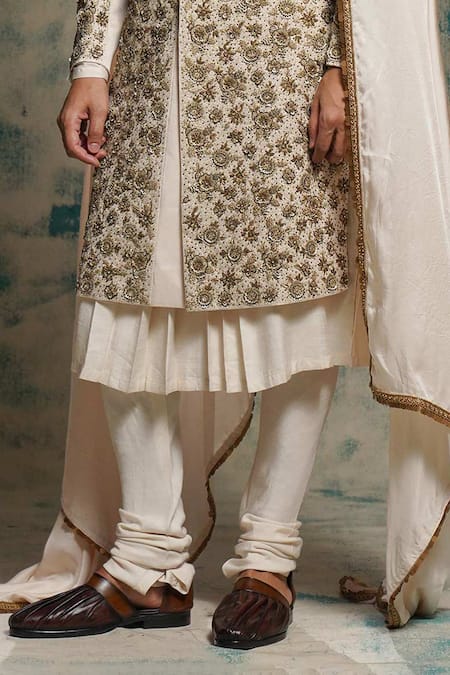 Buy_Jatin Malik_Ivory Linen, Silk Embroidery, Zari, Sequins, Apricot Embriodered Sherwani Set _Online_at_Aza_Fashions