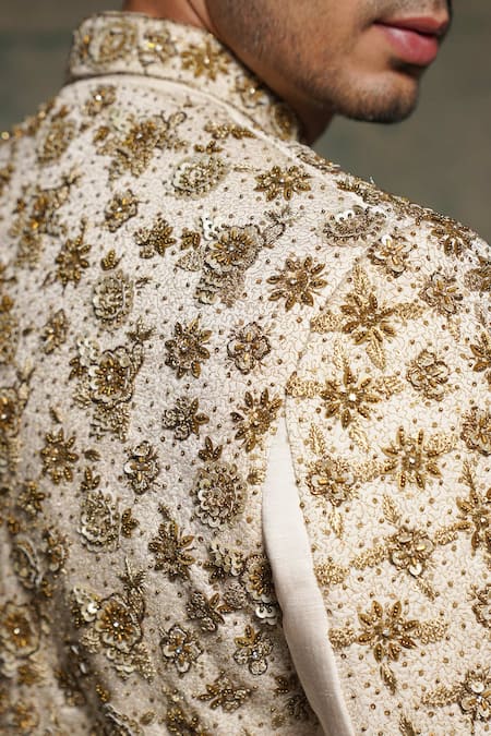 Shop_Jatin Malik_Ivory Linen, Silk Embroidery, Zari, Sequins, Apricot Embriodered Sherwani Set _Online_at_Aza_Fashions