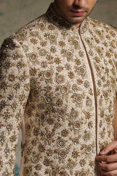Jatin Malik_Ivory Linen, Silk Embroidery, Zari, Sequins, Apricot Embriodered Sherwani Set _at_Aza_Fashions