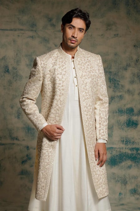 Jatin Malik_Ivory Linen, Silk Embroidery, Sequins, Beads Embriodered Pearl Open Sherwani Set _Online_at_Aza_Fashions