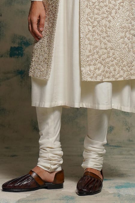 Buy_Jatin Malik_Ivory Linen, Silk Embroidery, Sequins, Beads Embriodered Pearl Open Sherwani Set _Online_at_Aza_Fashions