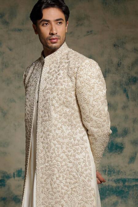 Shop_Jatin Malik_Ivory Linen, Silk Embroidery, Sequins, Beads Embriodered Pearl Open Sherwani Set _Online_at_Aza_Fashions