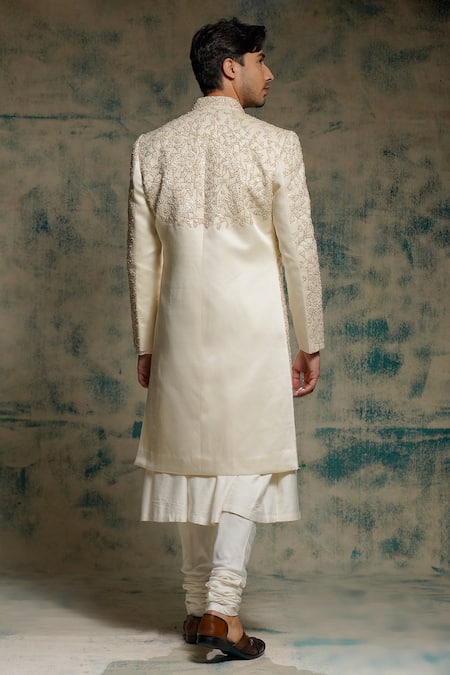 Jatin Malik Ivory Embriodered Pearl Open Sherwani Set 