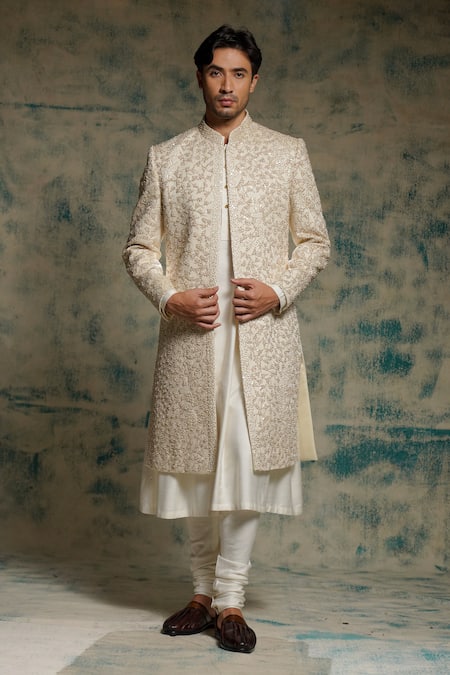 Jatin Malik_Ivory Linen, Silk Embroidery, Sequins, Beads Embriodered Pearl Open Sherwani Set _at_Aza_Fashions