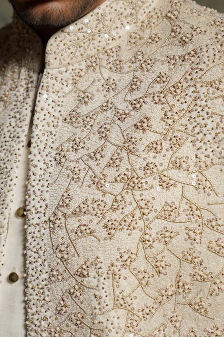 Buy_Jatin Malik_Ivory Linen, Silk Embroidery, Sequins, Beads Embriodered Pearl Open Sherwani Set 