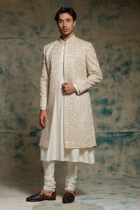 Shop_Jatin Malik_Ivory Linen, Silk Embroidery, Sequins, Beads Embriodered Pearl Open Sherwani Set 
