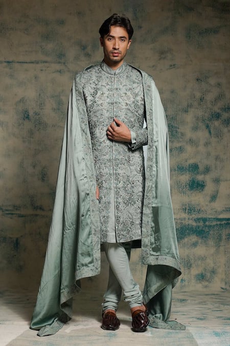 Jatin Malik Gray Linen, Silk Embroidery, Sequins Chateau Hand Sherwani Set 