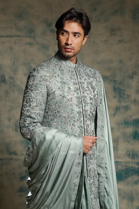 Jatin Malik_Gray Linen, Silk Embroidery, Sequins Chateau Hand Sherwani Set _Online_at_Aza_Fashions