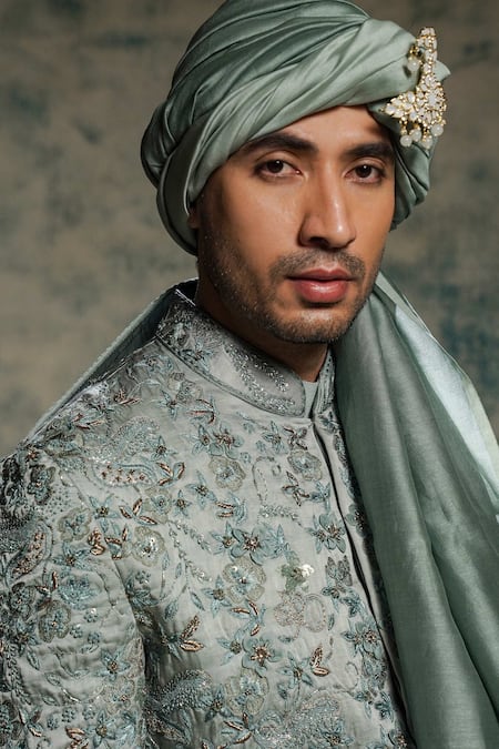 Buy_Jatin Malik_Gray Linen, Silk Embroidery, Sequins Chateau Hand Sherwani Set _Online_at_Aza_Fashions