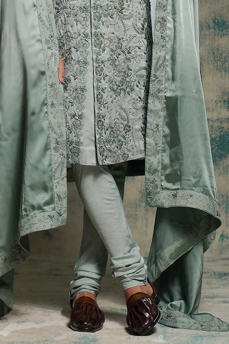 Shop_Jatin Malik_Gray Linen, Silk Embroidery, Sequins Chateau Hand Sherwani Set _Online_at_Aza_Fashions
