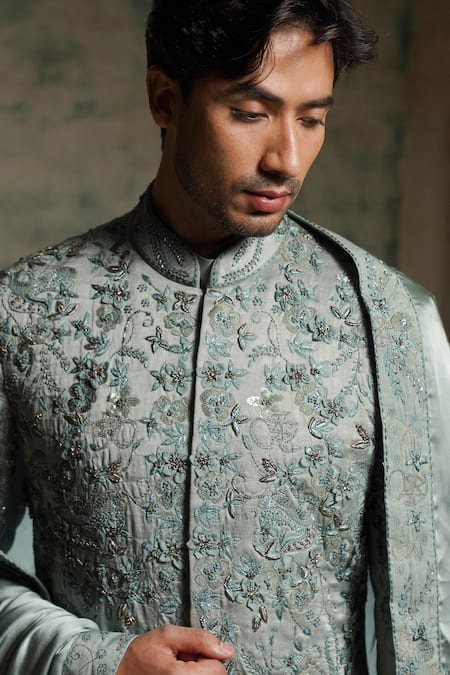 Jatin Malik_Gray Linen, Silk Embroidery, Sequins Chateau Hand Sherwani Set _at_Aza_Fashions