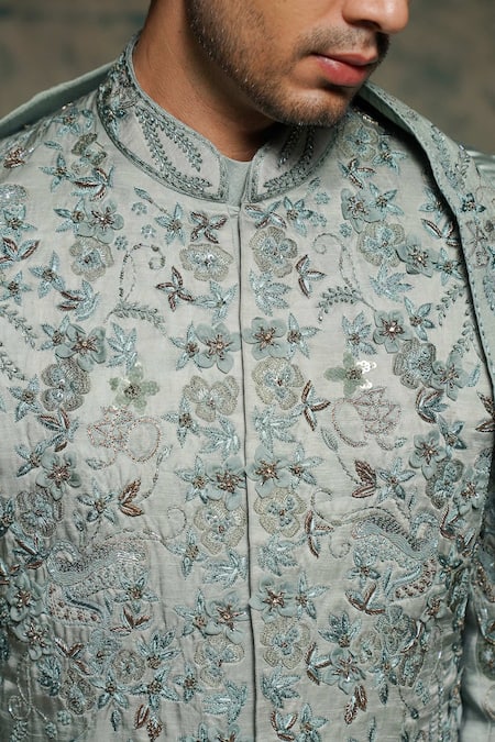 Buy_Jatin Malik_Gray Linen, Silk Embroidery, Sequins Chateau Hand Sherwani Set 