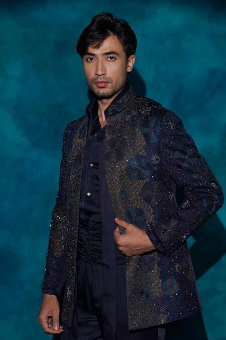 Jatin Malik_Blue Linen, Silk Embroidery, Sequins Hand Short Jacket Set _Online_at_Aza_Fashions