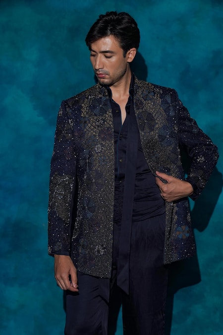 Buy_Jatin Malik_Blue Linen, Silk Embroidery, Sequins Hand Short Jacket Set _Online_at_Aza_Fashions