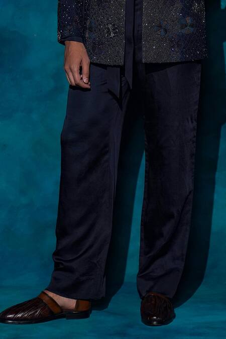 Shop_Jatin Malik_Blue Linen, Silk Embroidery, Sequins Hand Short Jacket Set _Online_at_Aza_Fashions