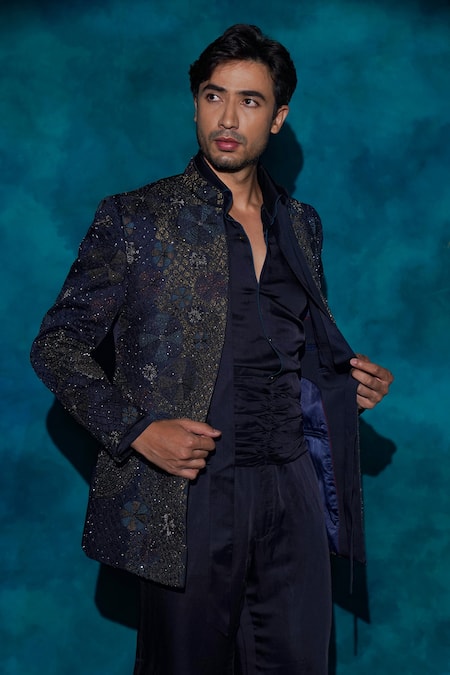Jatin Malik_Blue Linen, Silk Embroidery, Sequins Hand Short Jacket Set _at_Aza_Fashions