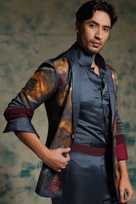 Jatin Malik_Blue Linen, Silk Embroidery Hand Painted Concept Blazer Set _Online_at_Aza_Fashions
