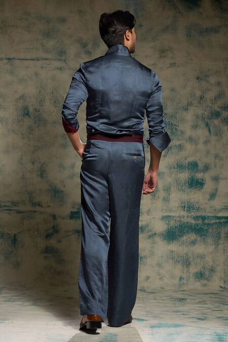 Buy_Jatin Malik_Blue Linen, Silk Embroidery Hand Painted Concept Blazer Set _Online_at_Aza_Fashions