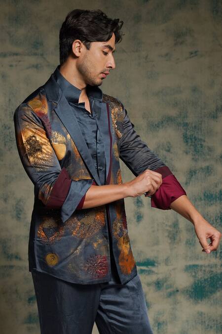 Shop_Jatin Malik_Blue Linen, Silk Embroidery Hand Painted Concept Blazer Set _Online_at_Aza_Fashions